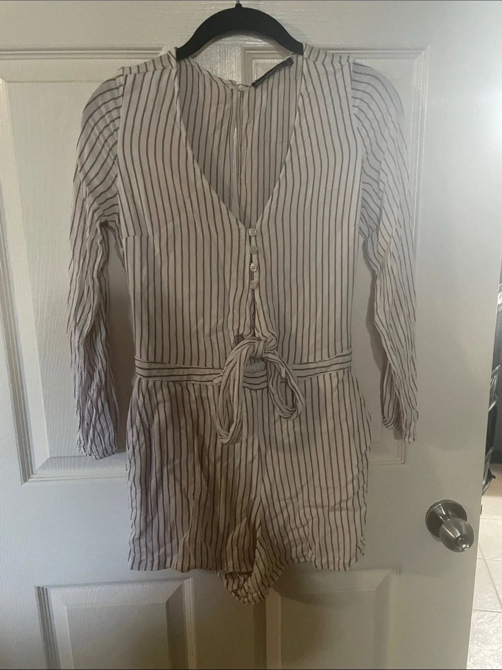 Cream and Brown Striped Long-Sleeve Tie-Waist romper